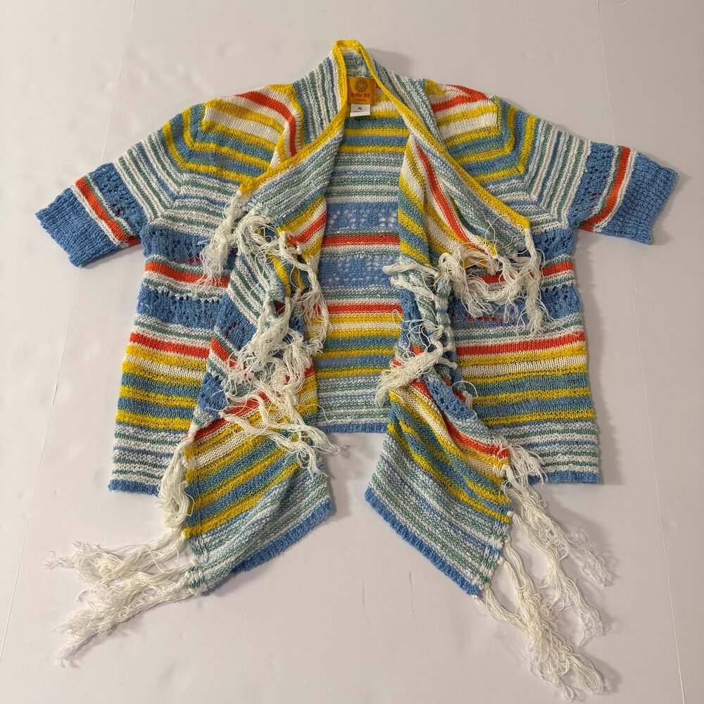 Ruby Rd. Petite Multicolor Striped Fringe Open Front Cardigan Size PL - Picture 3 of 9